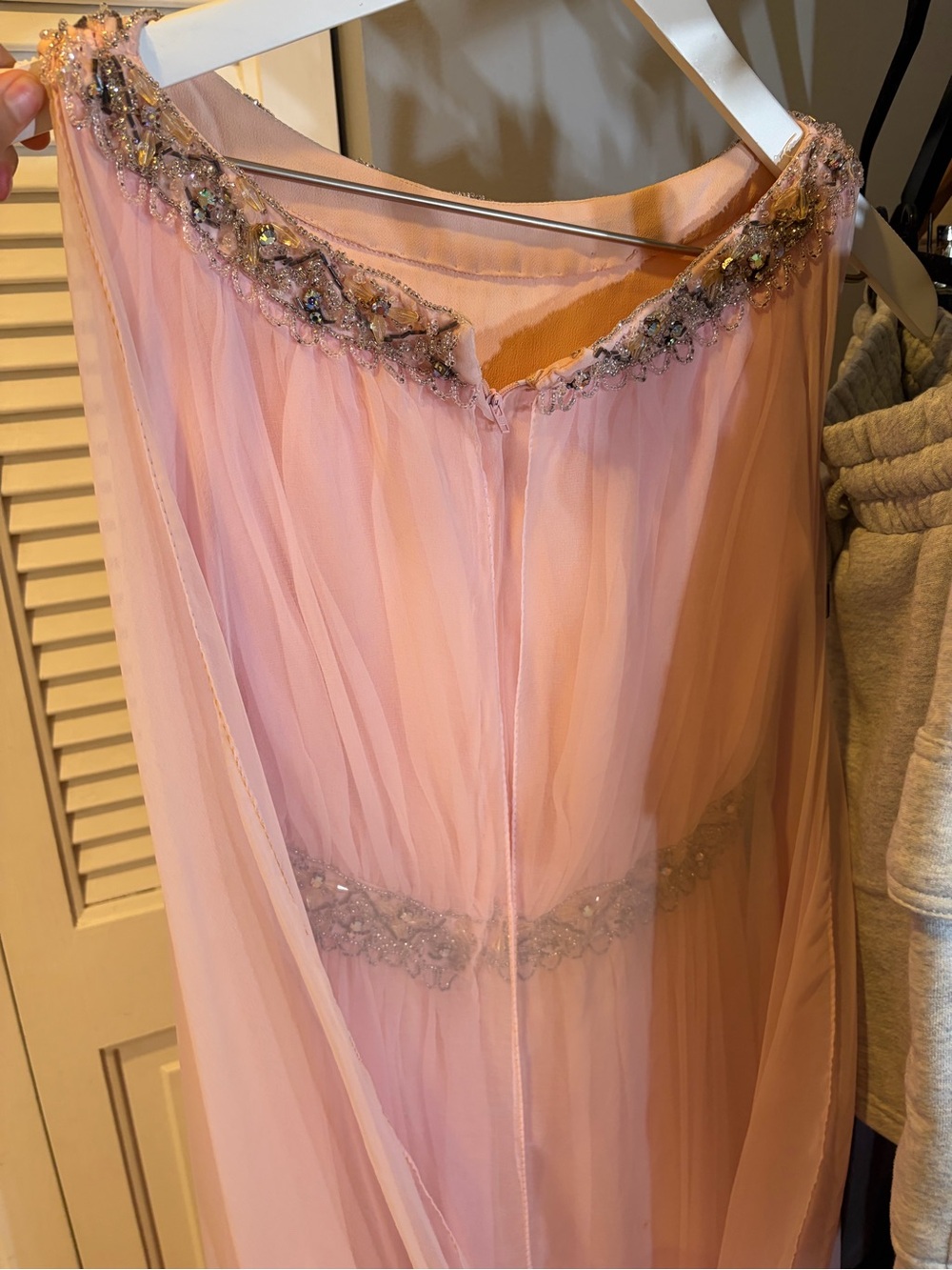 Union Made Vintage One-Shoulder Pale Pink Chiffon Gown with Beaded Embellishment - Picture 14 of 14